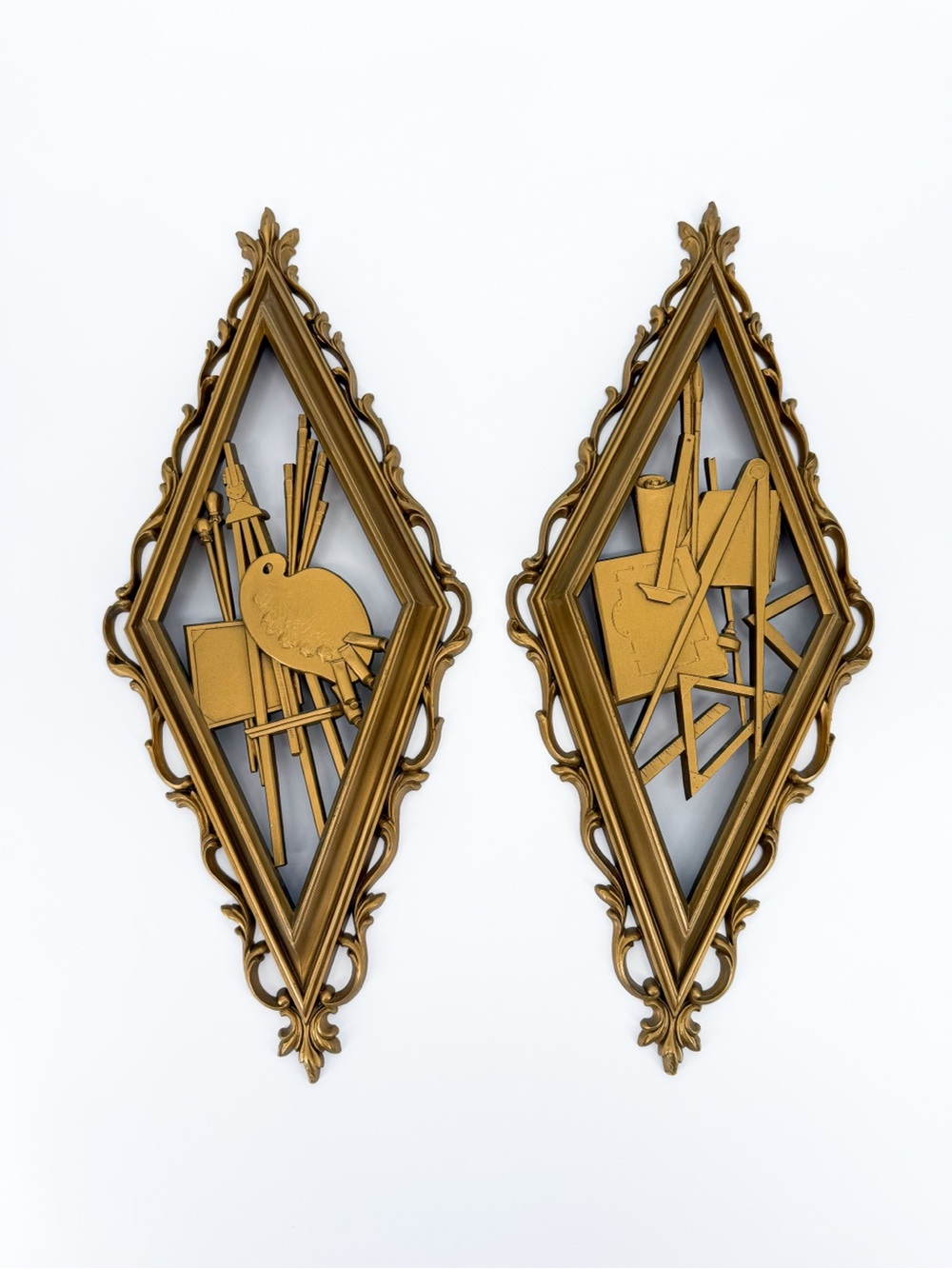 Vintage 60s/70s Syroco Gold Wall Plaques MCM Art & Architecture Diamond Pair